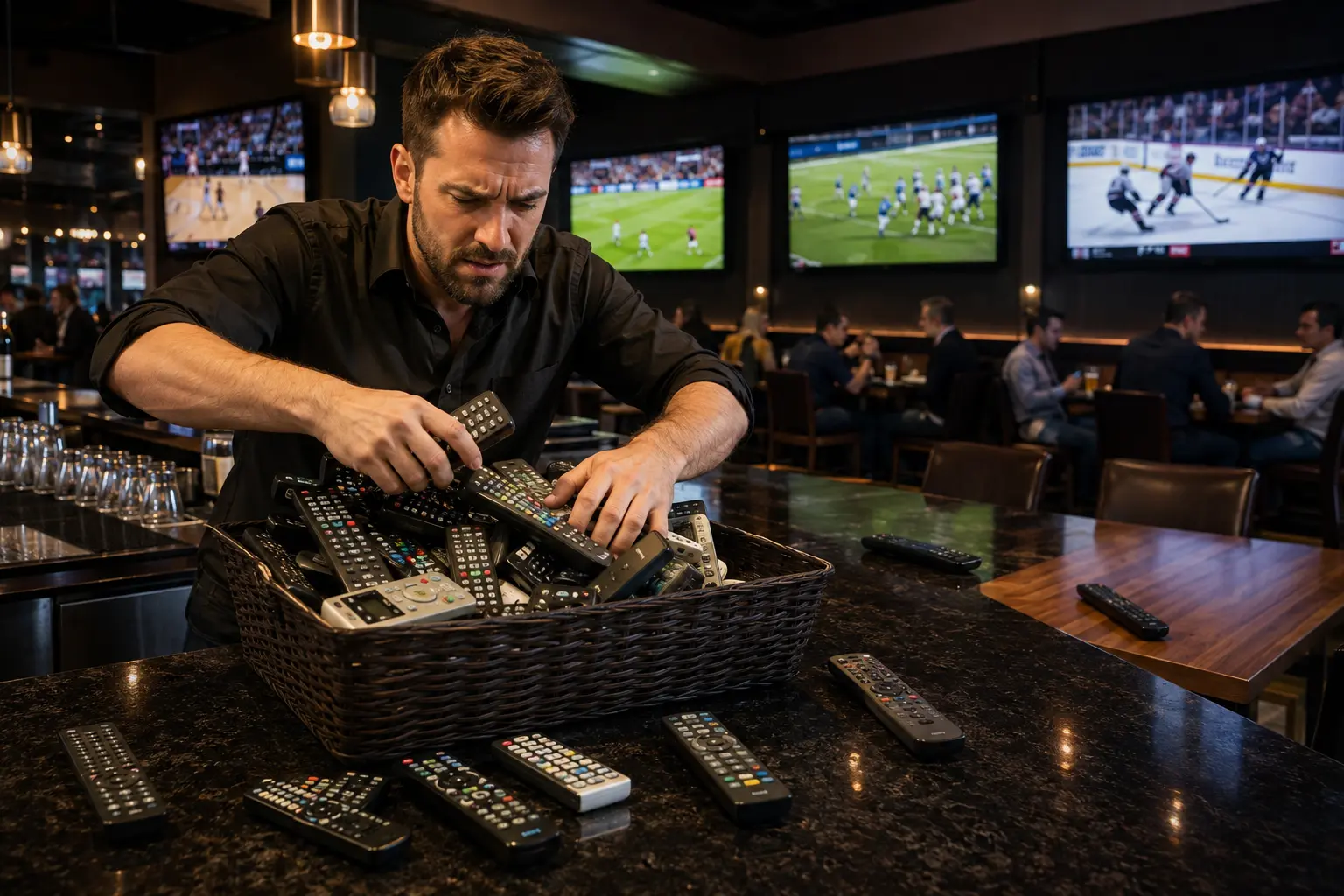 Staff member searching through a basket overflowing with television remote controls
